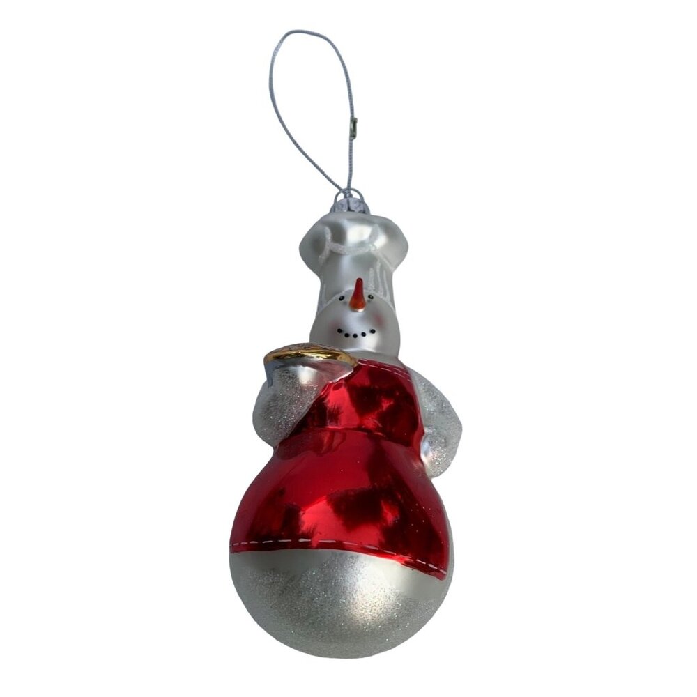William Sonoma Blown Glass Snowman Chef Ornament Silver & Red 5"